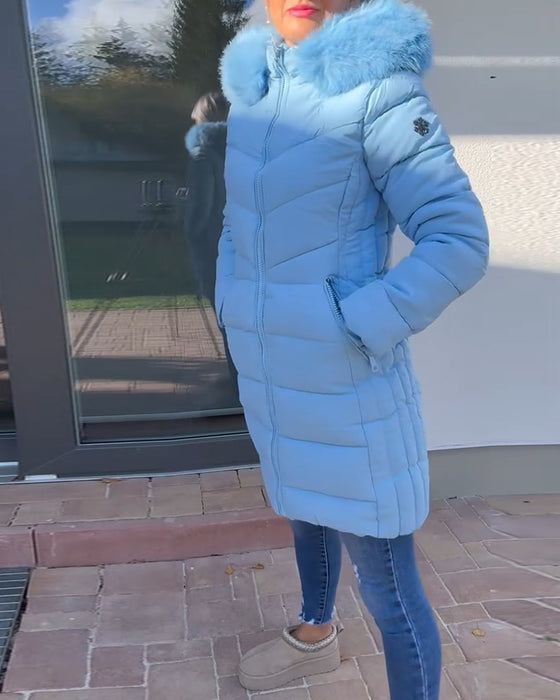 Swobodna jednokolorowa pikowana kurtka z kapturem i kieszenią na zamek