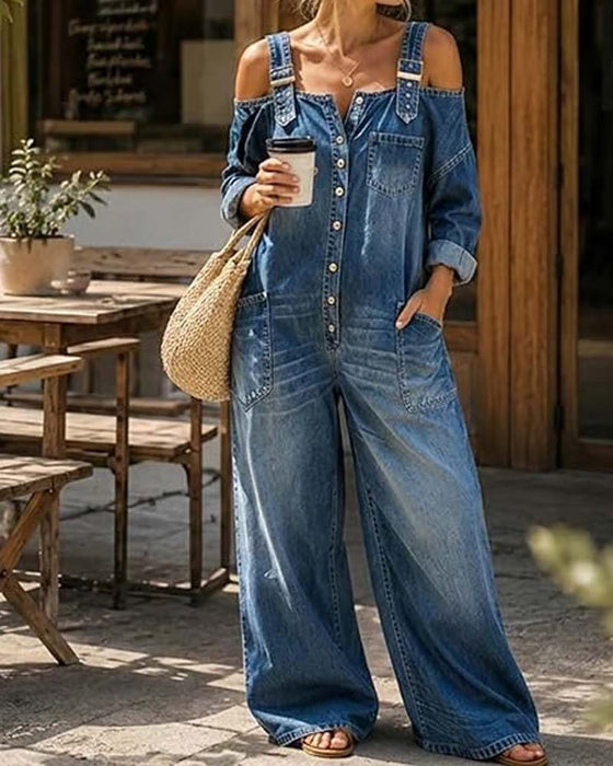 Jumpsuit Ramiączko Spaghetti Odkryte Ramię Szeroka Noga Denim