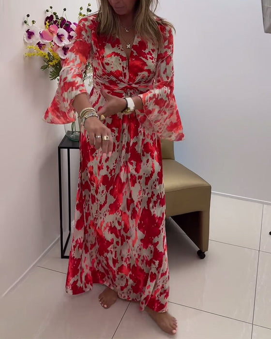 Modna dzianinowa sukienka z głębokim dekoltem w kształcie litery V i nadrukiem