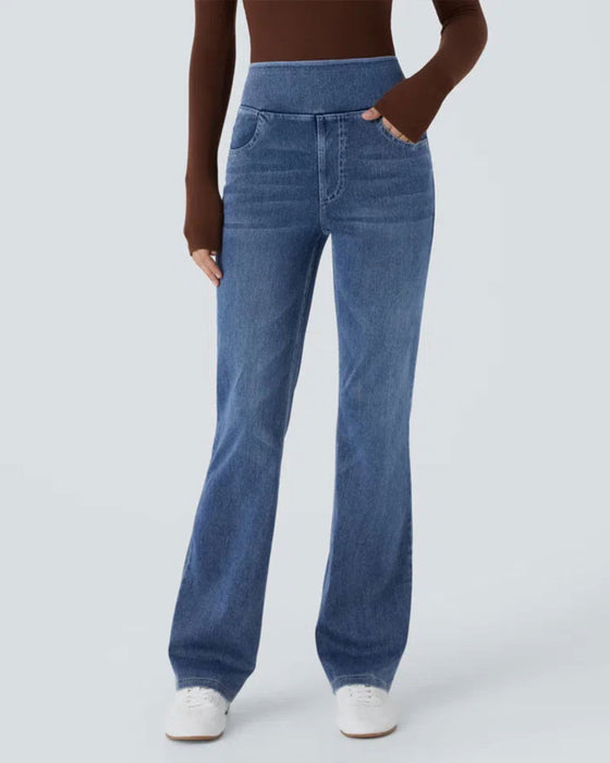 Spodnie Wysoki Stan Denim Kieszeń Dzwony
