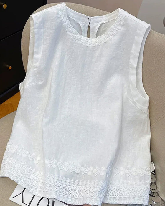 Tank Top Okrągły Dekolt Haftowana Lamówka