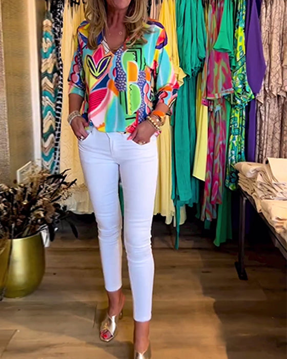 Luźna bluzka z nadrukiem z długim rękawem