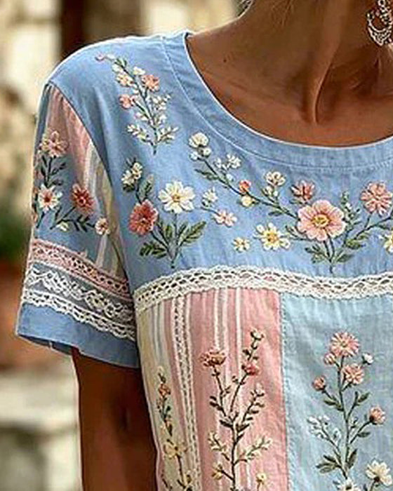 Bluzka Okrągły Dekolt Patchwork Kwiatowy