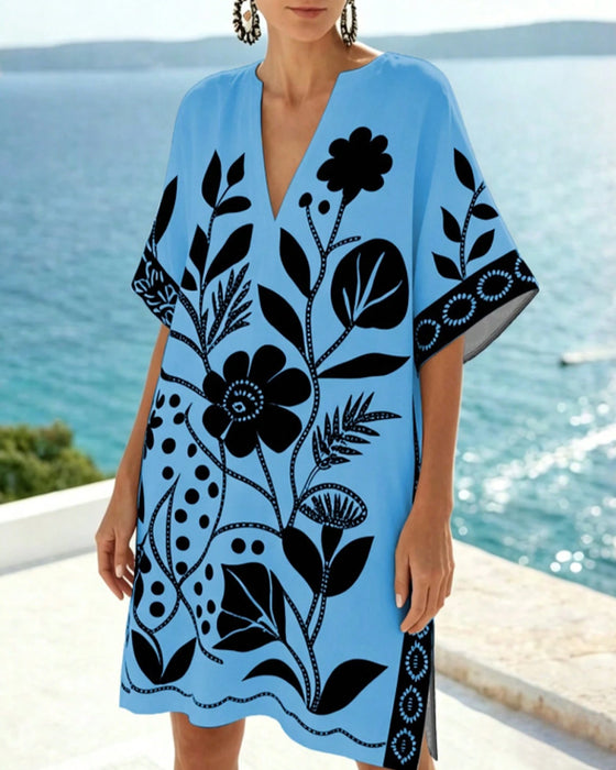 Sukienka Floral Print V Dekolt Rozcięcie