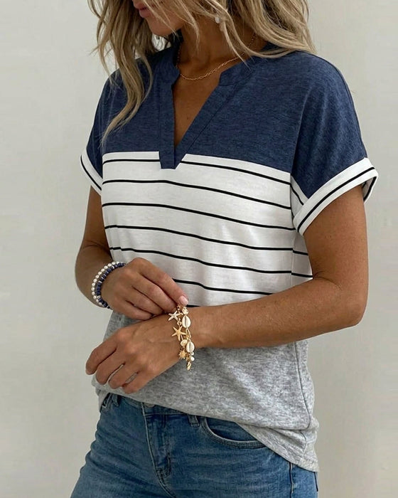 T-Shirt V-Szyja Kontrast Pasek