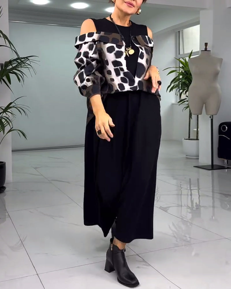 Sukienka w panterkę z odkrytymi ramionami