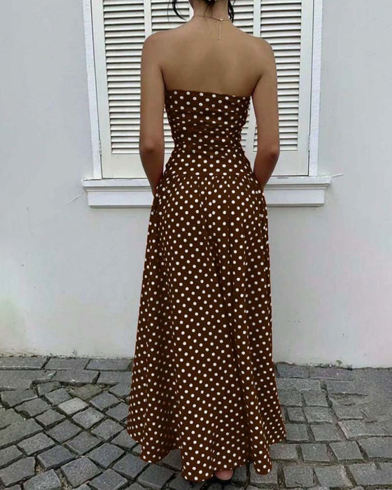 Sukienka Bandeau W Kropki Linia A Długa