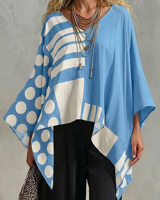 Bluzka Polka Dot Pasek Patchwork V Szyja
