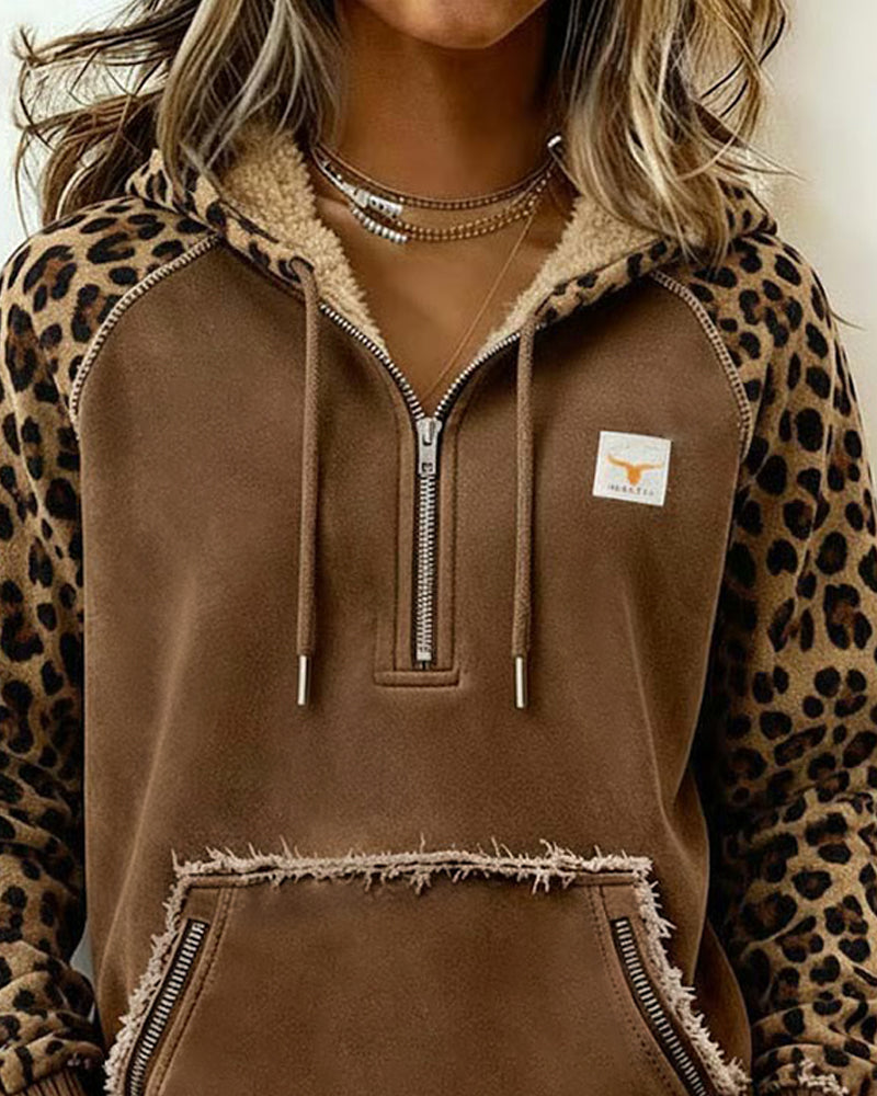Bluza Z Kapturem Color-Block Z Zamkiem I Leopardzim Printem
