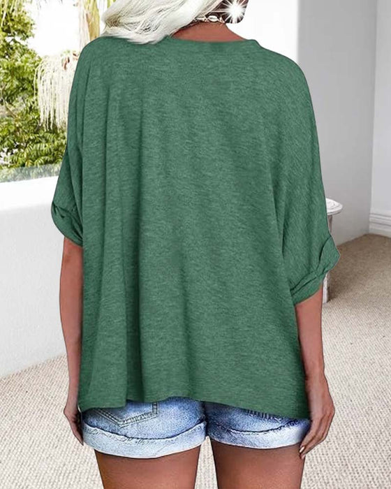 T-Shirt V Dekolt Rolkowany Brzeg Krótki Rękaw Luźny