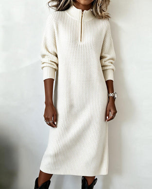 Sukienka Sweter Half-Zip Turtleneck Jednolity Kolor