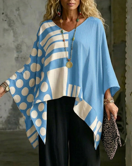 Bluzka Polka Dot Pasek Patchwork V Szyja