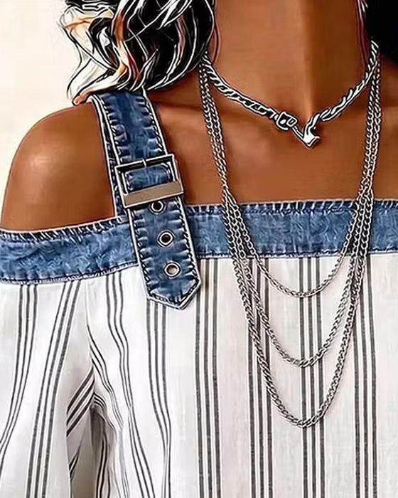 Bluzka Denim Odkryte Ramiona Pasek Panel