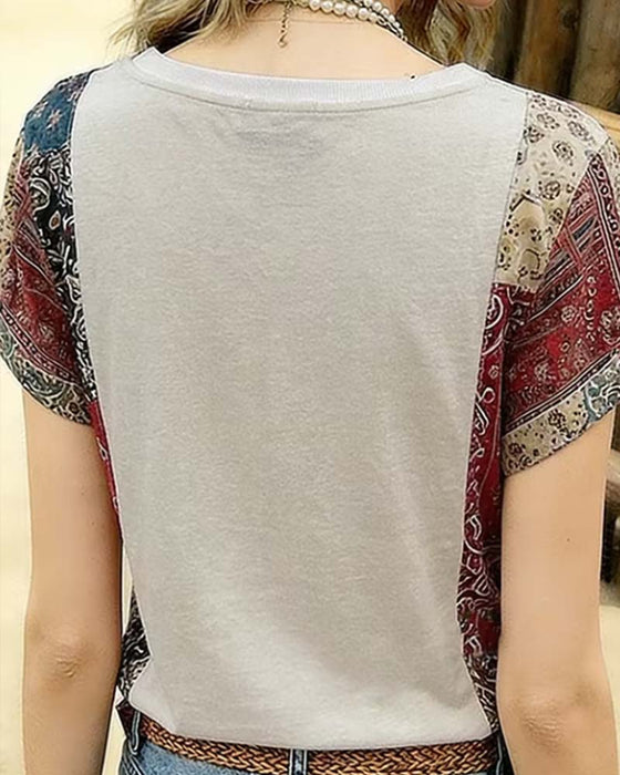 T-Shirt Dekolt W Serek Krótki Rękaw Patchwork