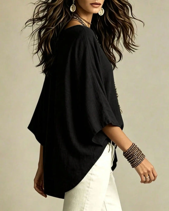 Blouse V-Dekolt Trzyczwarty Rękaw Luźny