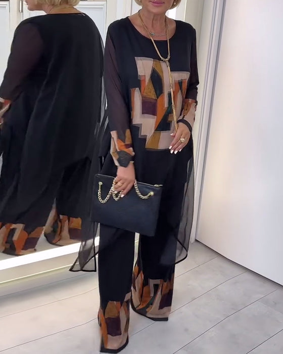 Garnitur Elegancki Długi Rękaw Nadruk Szerokie Nogawki