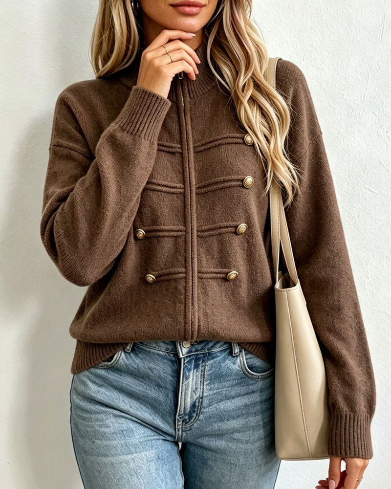 Cardigan Kołnierz Mandarynka Moda Zamek Błyskawiczny Dzianinowy