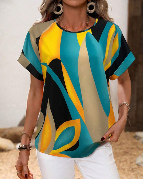 T-Shirt Okrągły Dekolt Kontrastowy Nadruk
