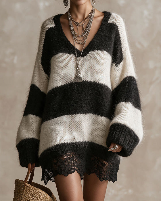 Sweter Sukienka Dekolt W W Paski Koronka Patchwork