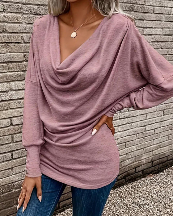 T-Shirt Mock Neck Gładki Guzik Długi Rękaw