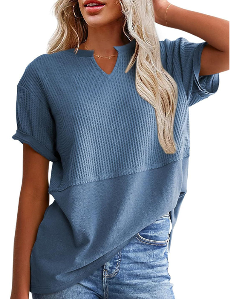 T-Shirt Przewiązana W Talii Patchwork Dekolt W Kształcie Litery V Sweter