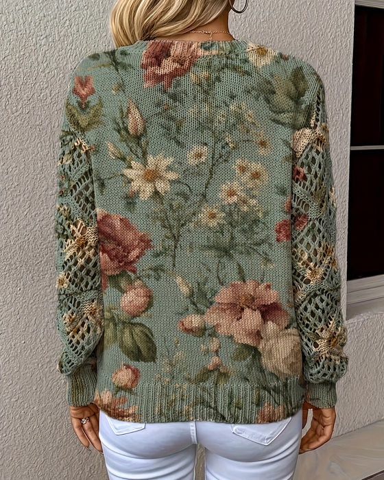 Sweter Jacquard V-Neck Ażurowy Długi Rękaw