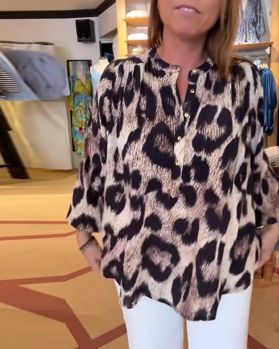 Bluzka Luźna Leopardzi Print Pół Guzik
