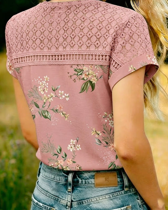 T-Shirt Z Wycięciem Patchwork Krótki Rękaw