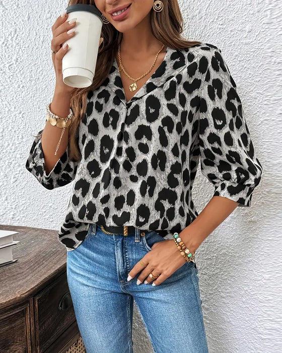 Bluzka 3/4 Rękaw Leopardzi Nadruk Luźna