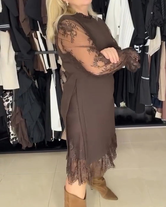 Sukienka Koronka Patchwork Stylowy Długi Rękaw