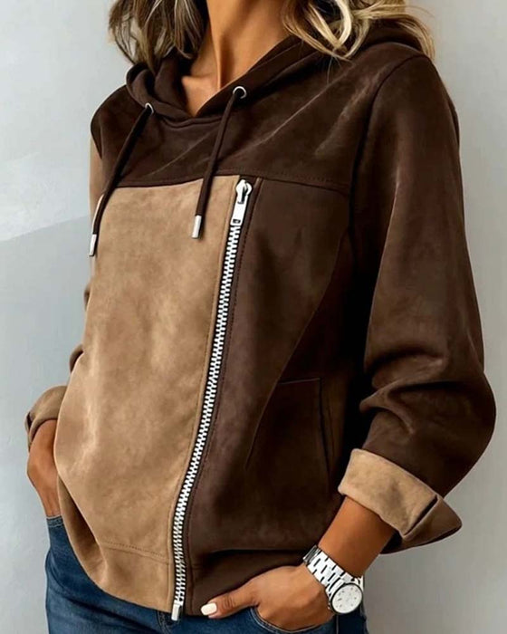 Hoodie Z Kapturem Sznurek Kontrast Zamek Błyskawiczny