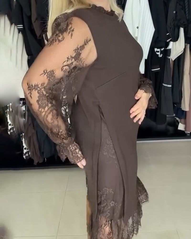 Sukienka Koronka Patchwork Stylowy Długi Rękaw