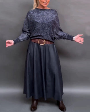 Błyszcząca bluzka z okrągłym dekoltem i rękawami typu dolman