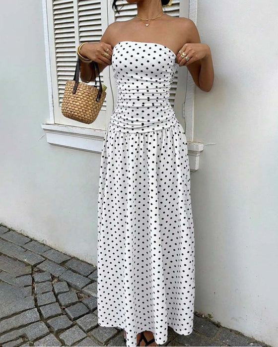 Sukienka Bandeau W Kropki Linia A Długa