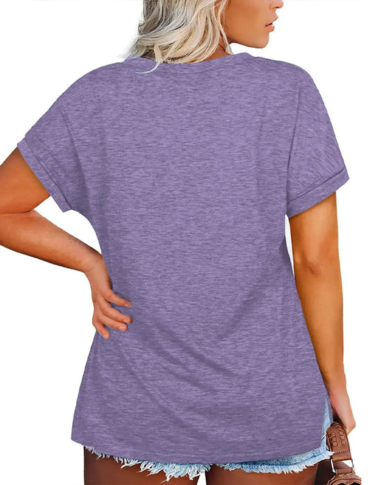 T-Shirt Dekolt W Krótki Rękaw Luźny Swobodny