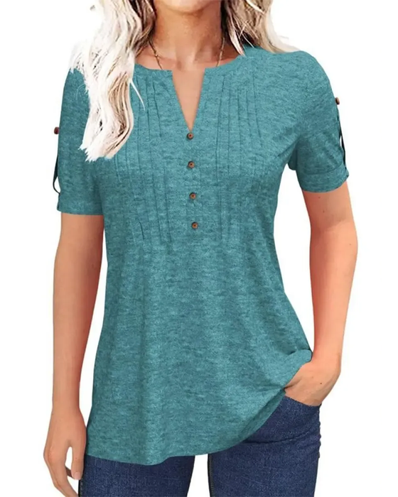 T-Shirt Plisowany Henley Krótki Rękaw