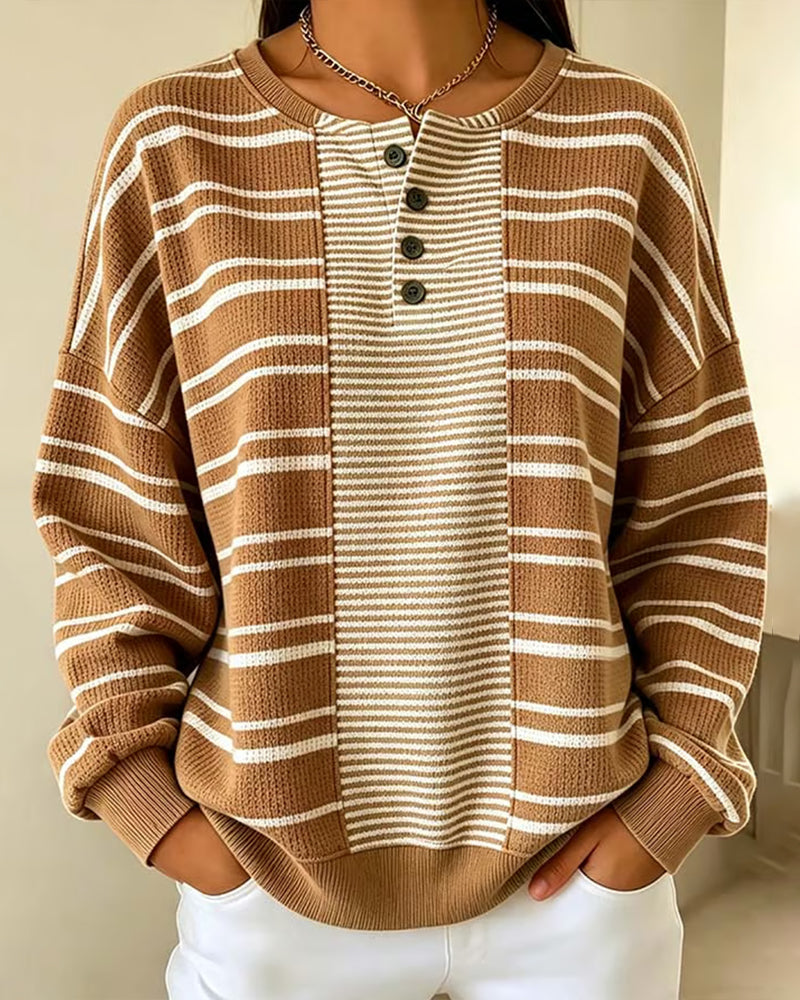 Sweatshirt W Paski Patchwork Długi Rękaw Henley