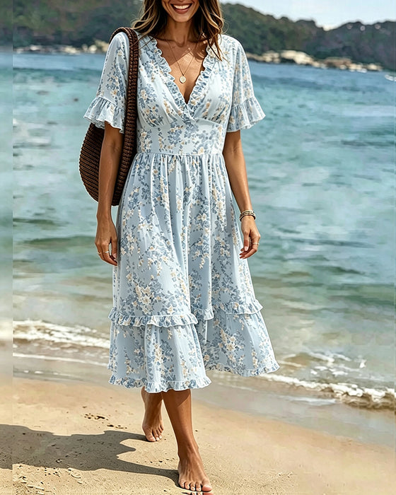 Sukienka Kwiatowy Ruffle V-Szyja Patchwork