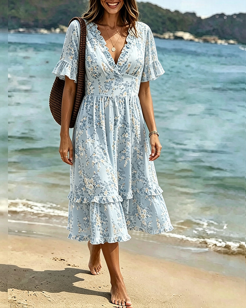 Sukienka Kwiatowy Ruffle V-Szyja Patchwork