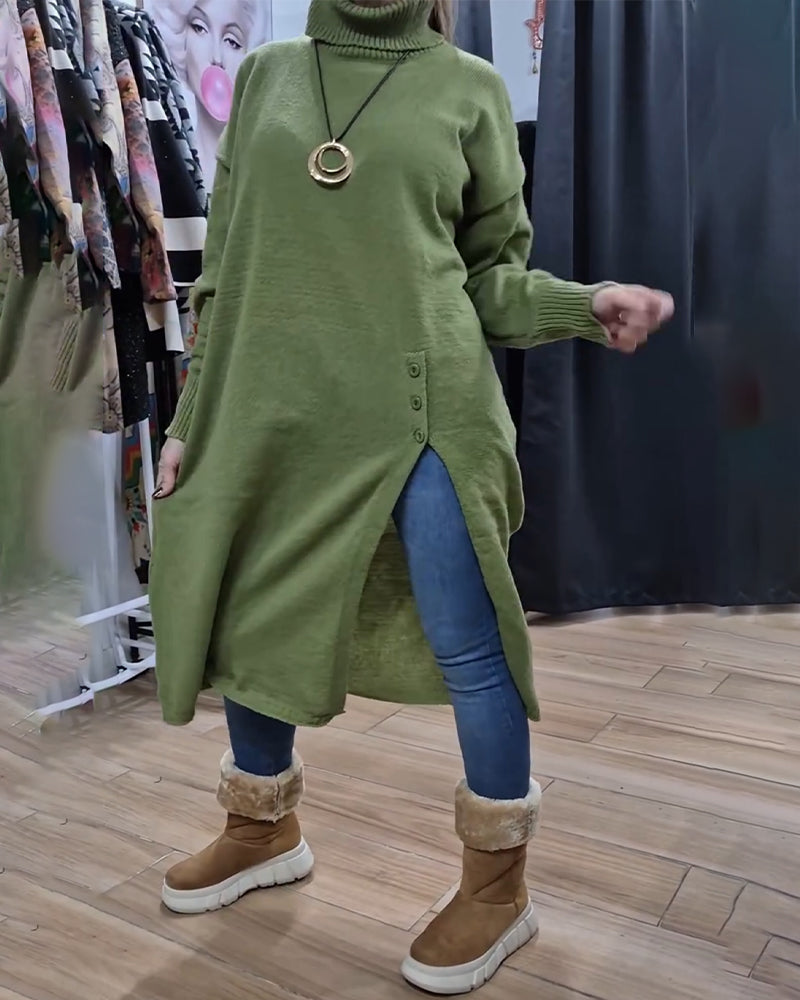 Sweter Golf Guzik Rozcięcie Długi