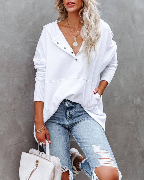 Bluza casualowa z dekoltem w serek, kapturem, jednolitym kolorem, luźna