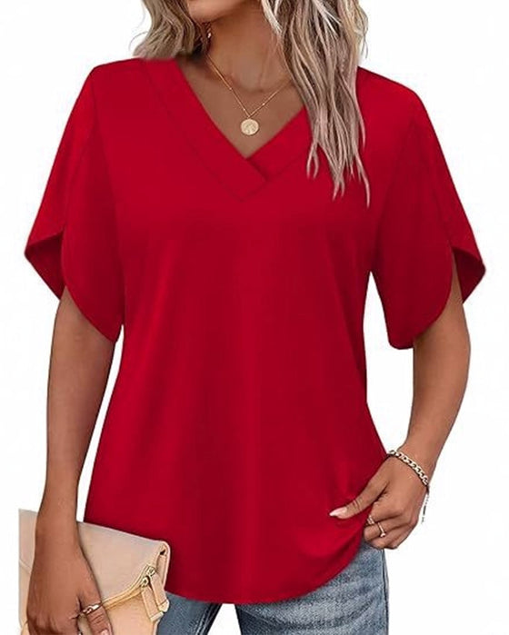 T-Shirt Dekolt W Kształcie Litery V Małe Rozcięcie Krótki Rękaw Jednokolorowy
