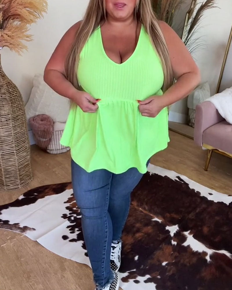 Top Bez Rękawów Dekolt V Prążkowany Luźny