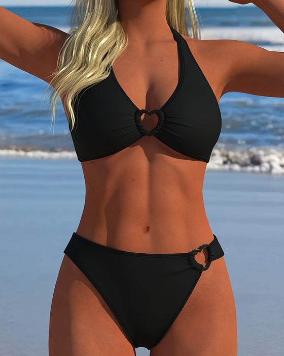 Bikini Halter Serce Klamra Jednolity Kolor