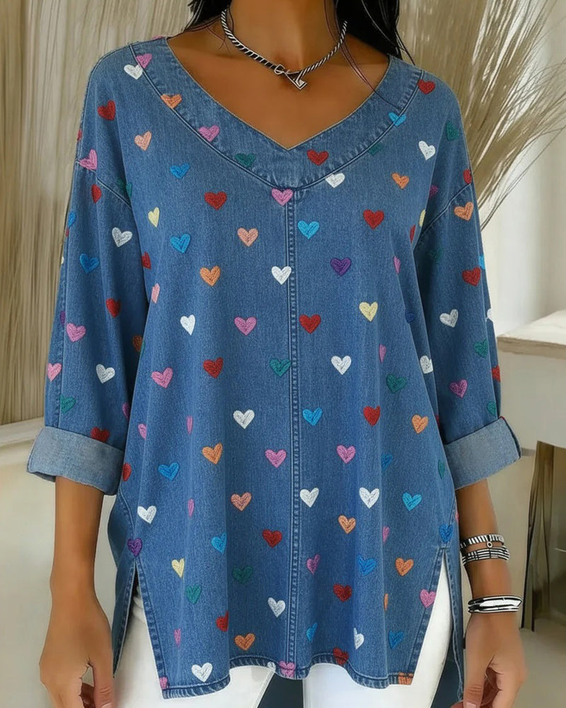 Top Serce Nadruk Denim Z Dekoltem W Szyję