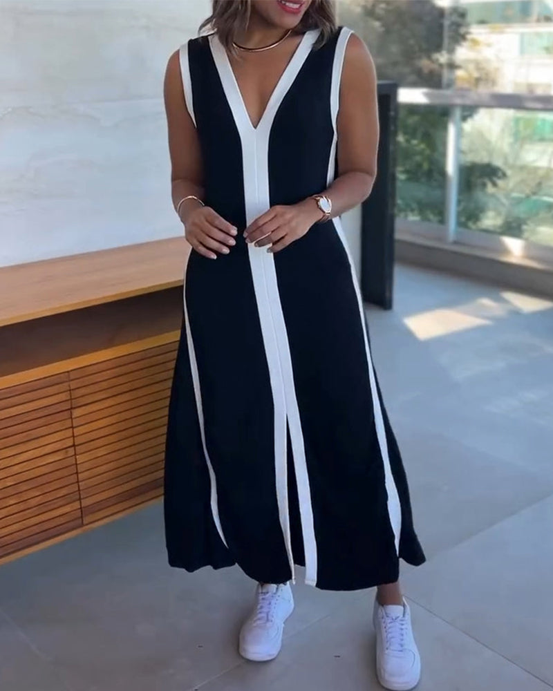 Sukienka Kolorowe Bloki Bez Rękawów Rozcięcie Maxi