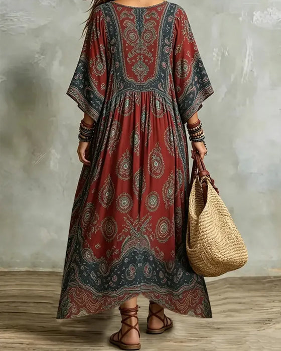 Sukienka Vintage Bohemia Dekolt W Serek Drukowana Maxi