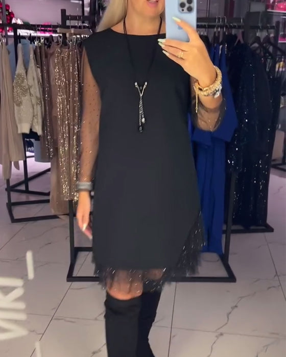 Sukienka Okrągły Dekolt Przezroczysta Siatka Szycie