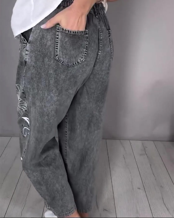 Jeans Kwiatowy Nadruk Znoszony