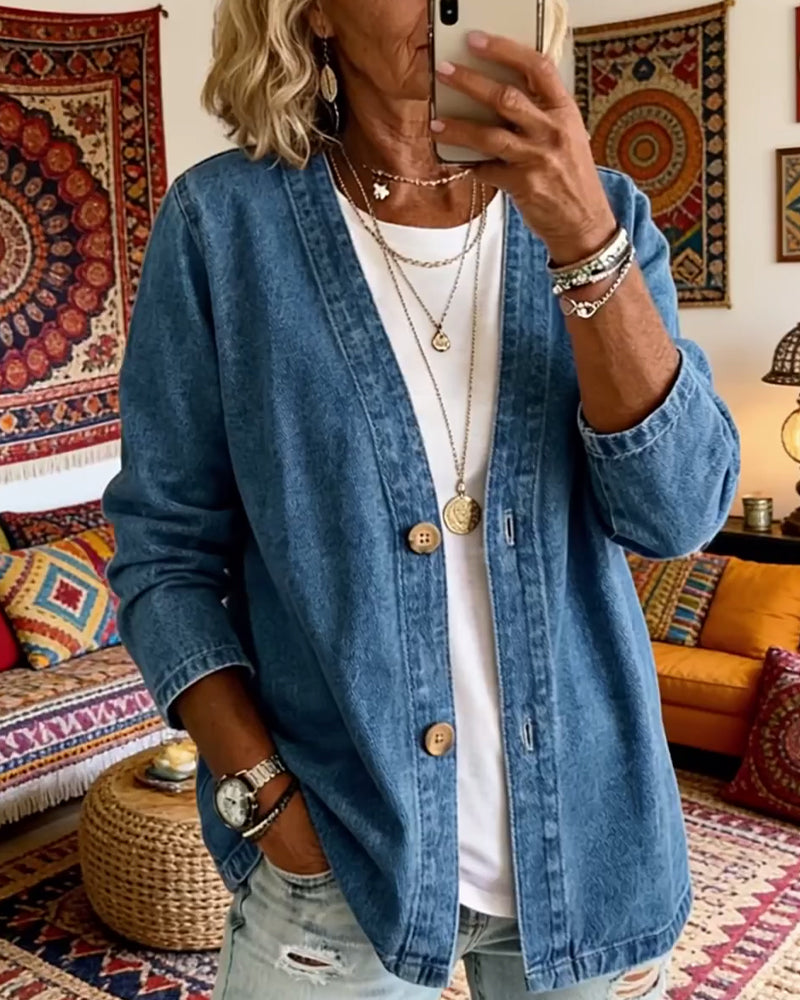 Płaszcz Denim Z Dekoltem W Szyję Kardigan